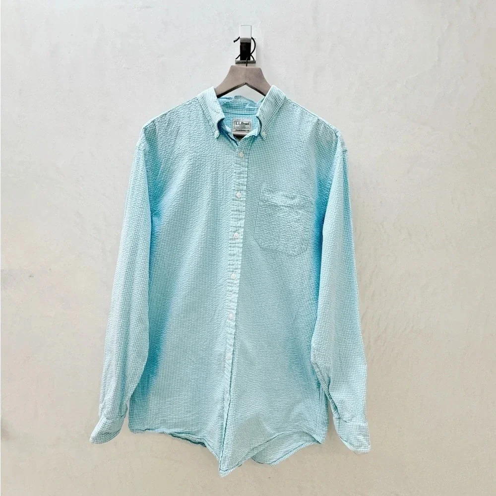 L.L. Bean || Men’s Gingham Ocean Blue White Seersucker Cotton M Tall
